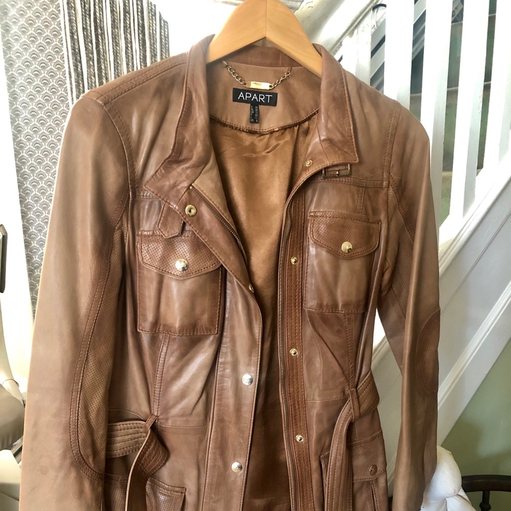 Belted tan leather jacket